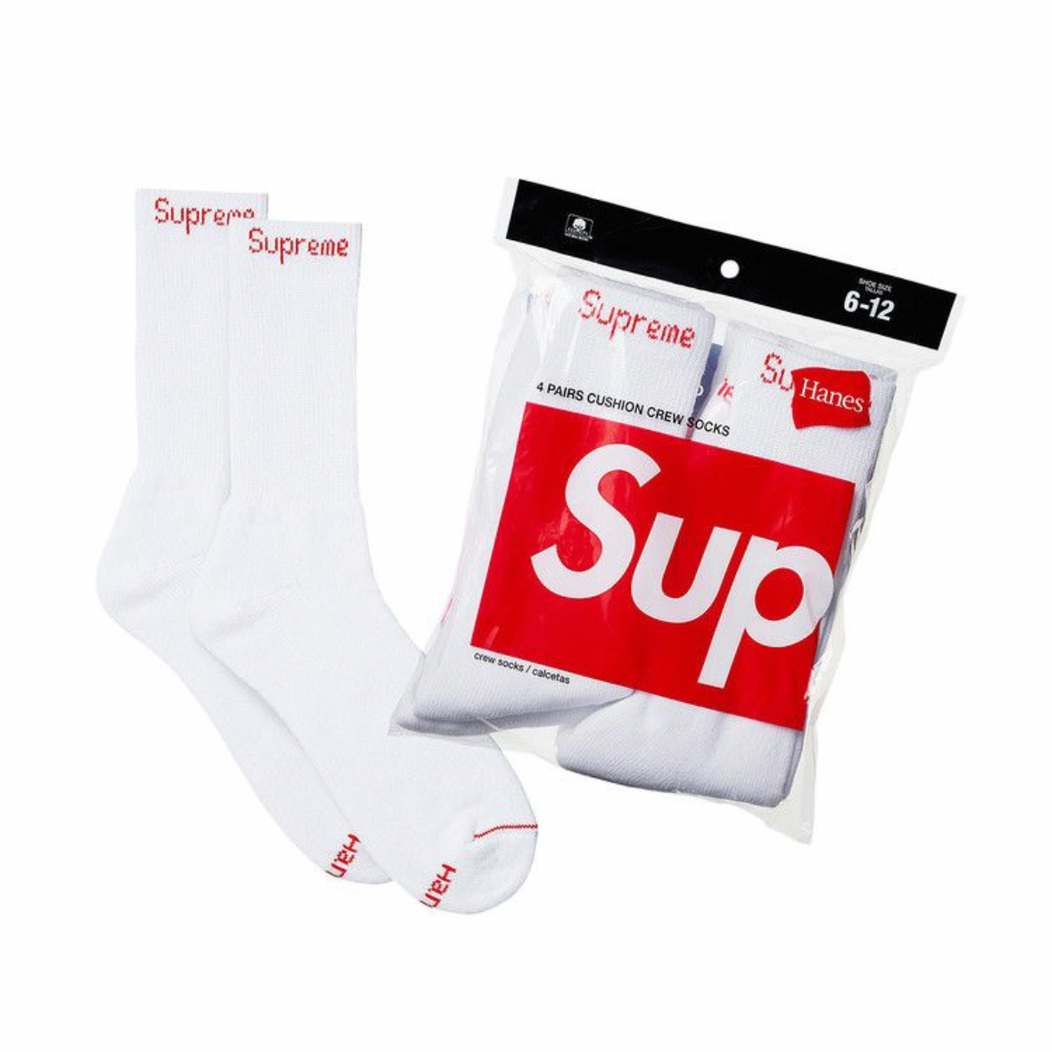 Supreme × Hanes Crew Socks (4
Pack) 'White'