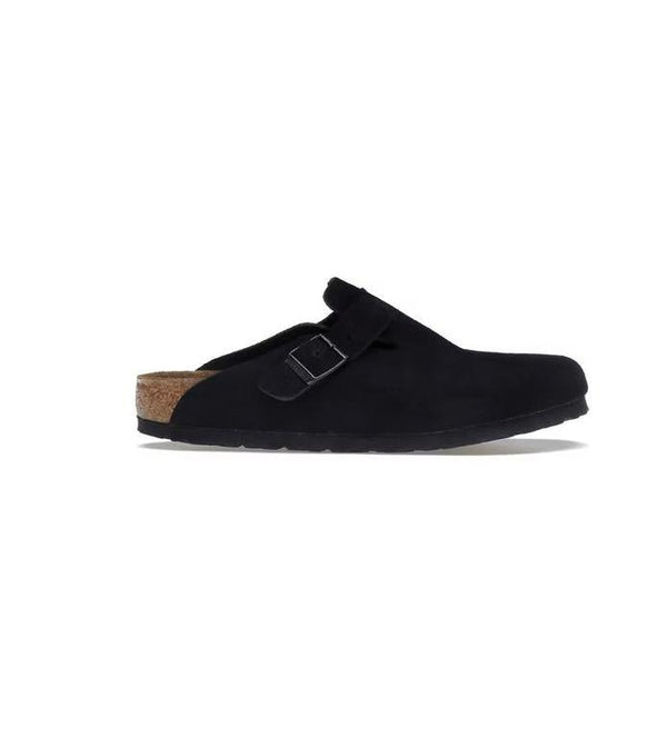 Birkenstock Boston Clogs Black Suede Soft Footbed